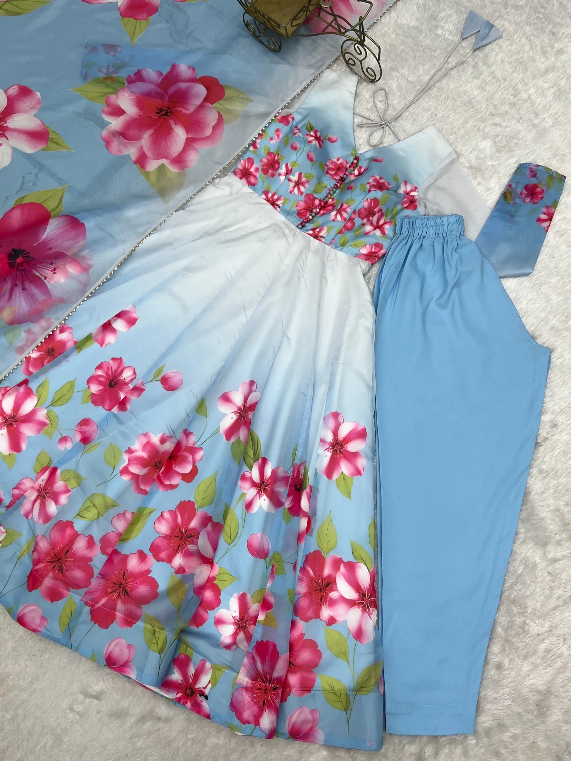 Premium Organza Silk Floral Anarkali Set with Badla Work and Dupatta