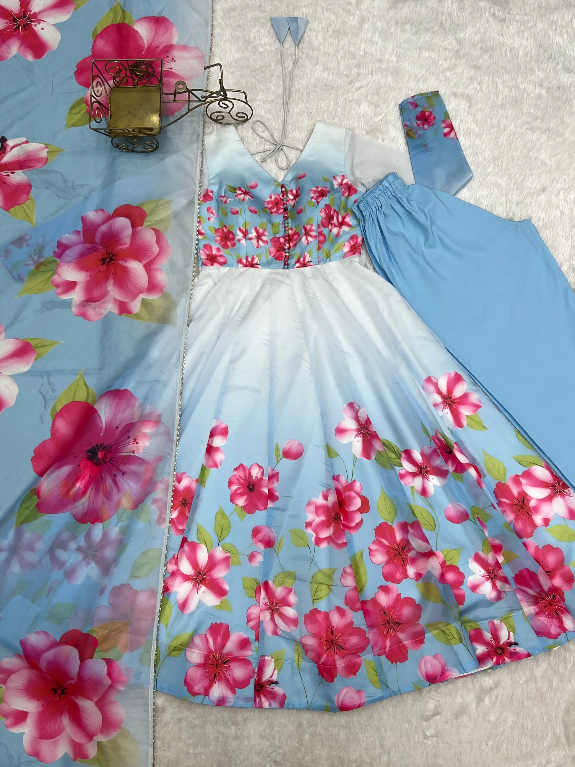 Premium Organza Silk Floral Anarkali Set with Badla Work and Dupatta