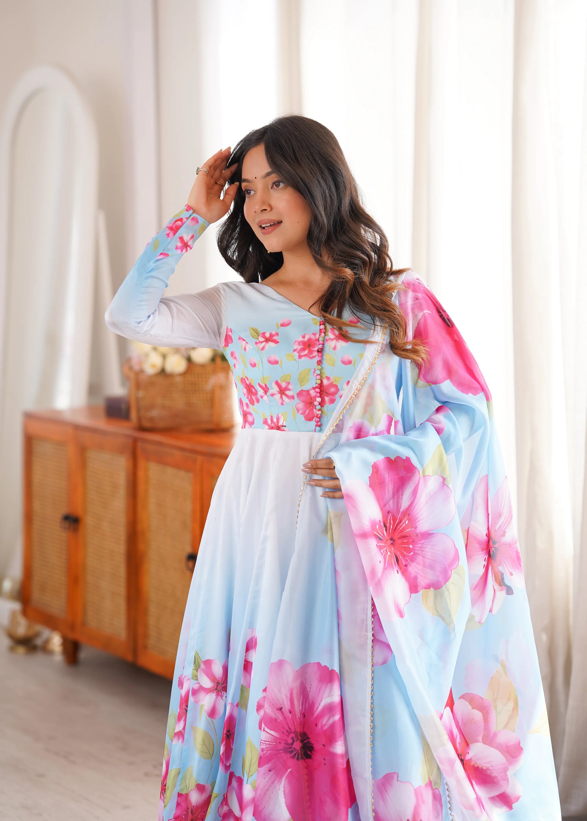 Premium Organza Silk Floral Anarkali Set with Badla Work and Dupatta