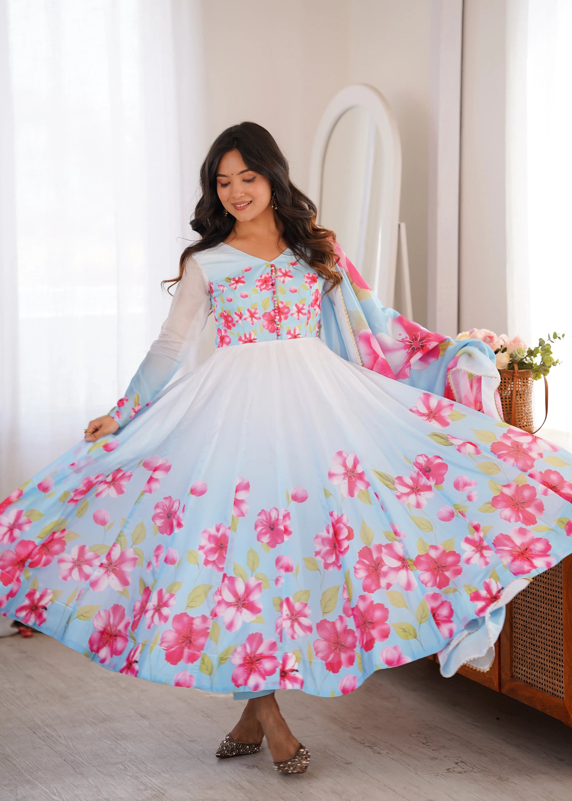 Premium Organza Silk Floral Anarkali Set with Badla Work and Dupatta