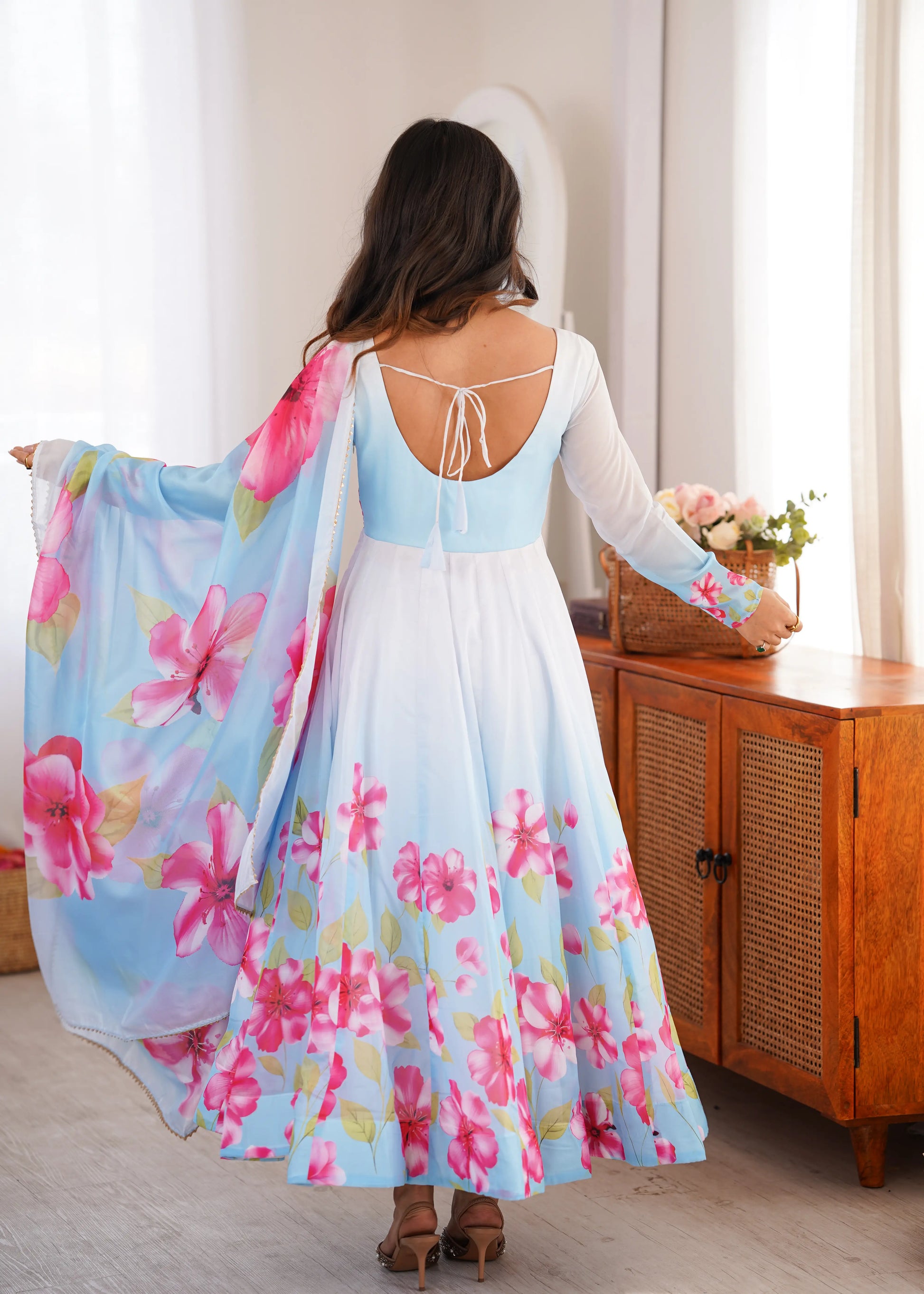 Premium Organza Silk Floral Anarkali Set with Badla Work and Dupatta