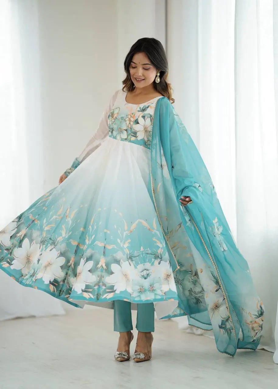 Premium Organza Silk Floral Anarkali Set with Badla Work and Dupatta