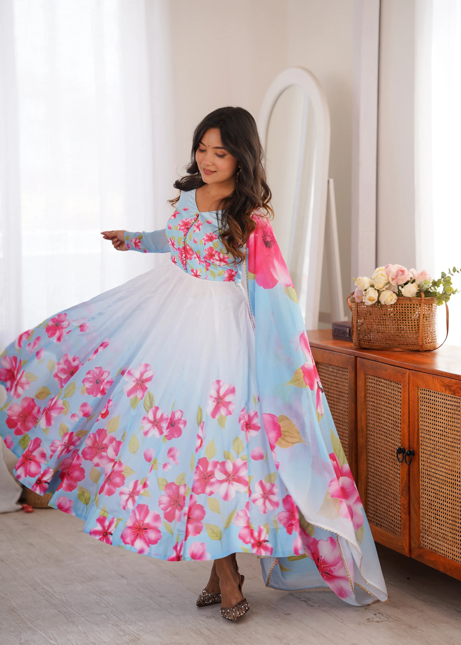 Premium Organza Silk Floral Anarkali Set with Badla Work and Dupatta
