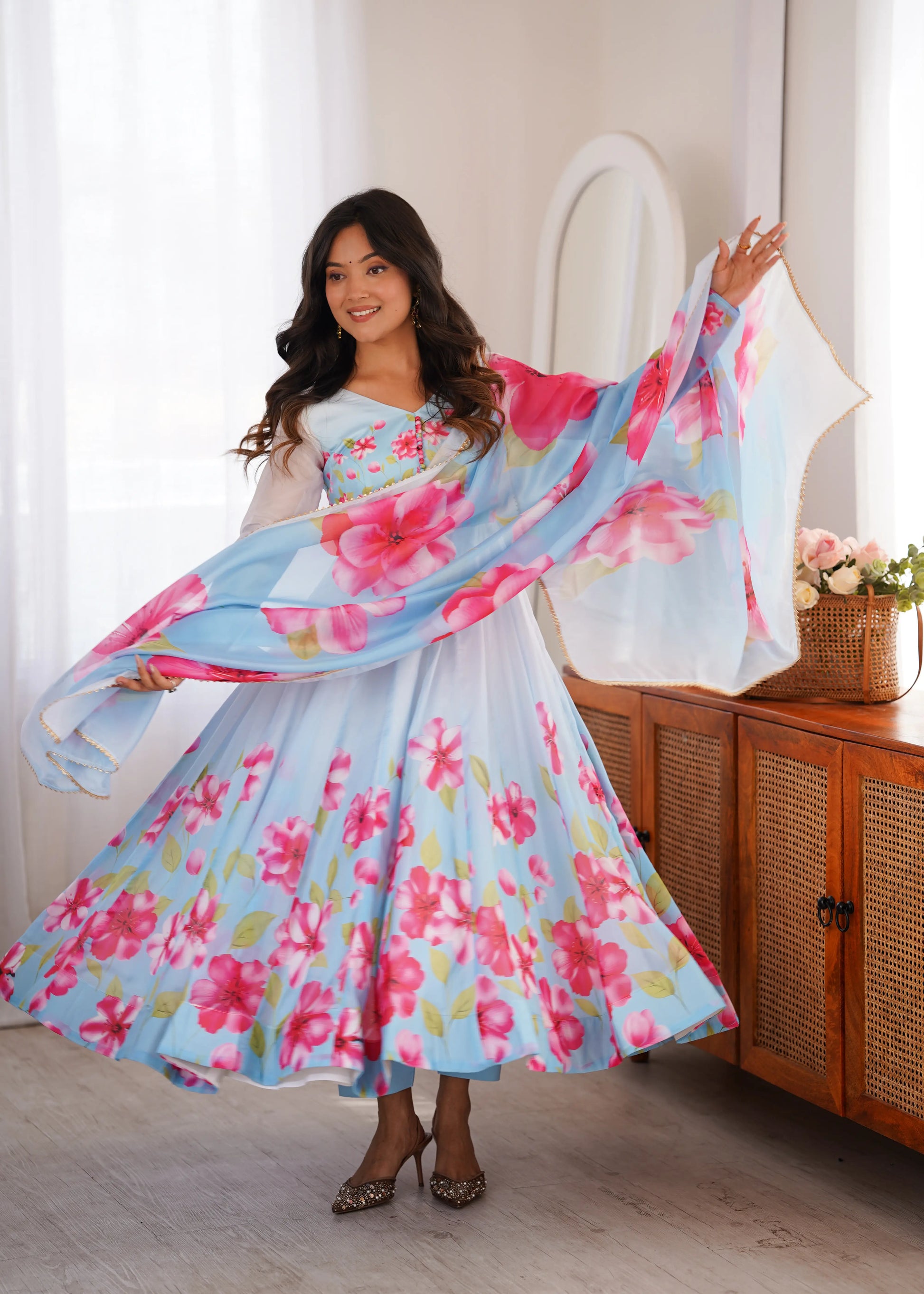 Premium Organza Silk Floral Anarkali Set with Badla Work and Dupatta