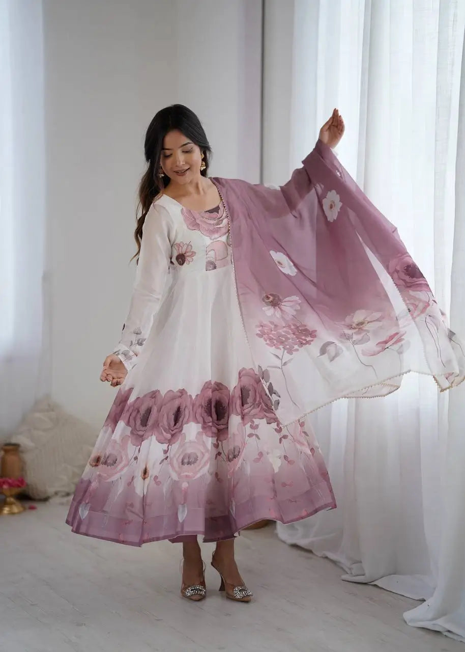 Premium Organza Silk Floral Anarkali Set with Badla Work and Dupatta