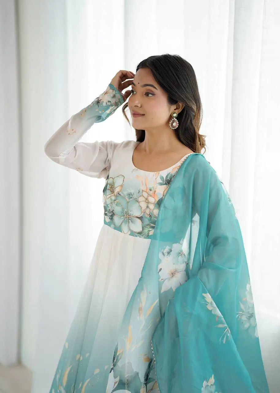 Premium Organza Silk Floral Anarkali Set with Badla Work and Dupatta