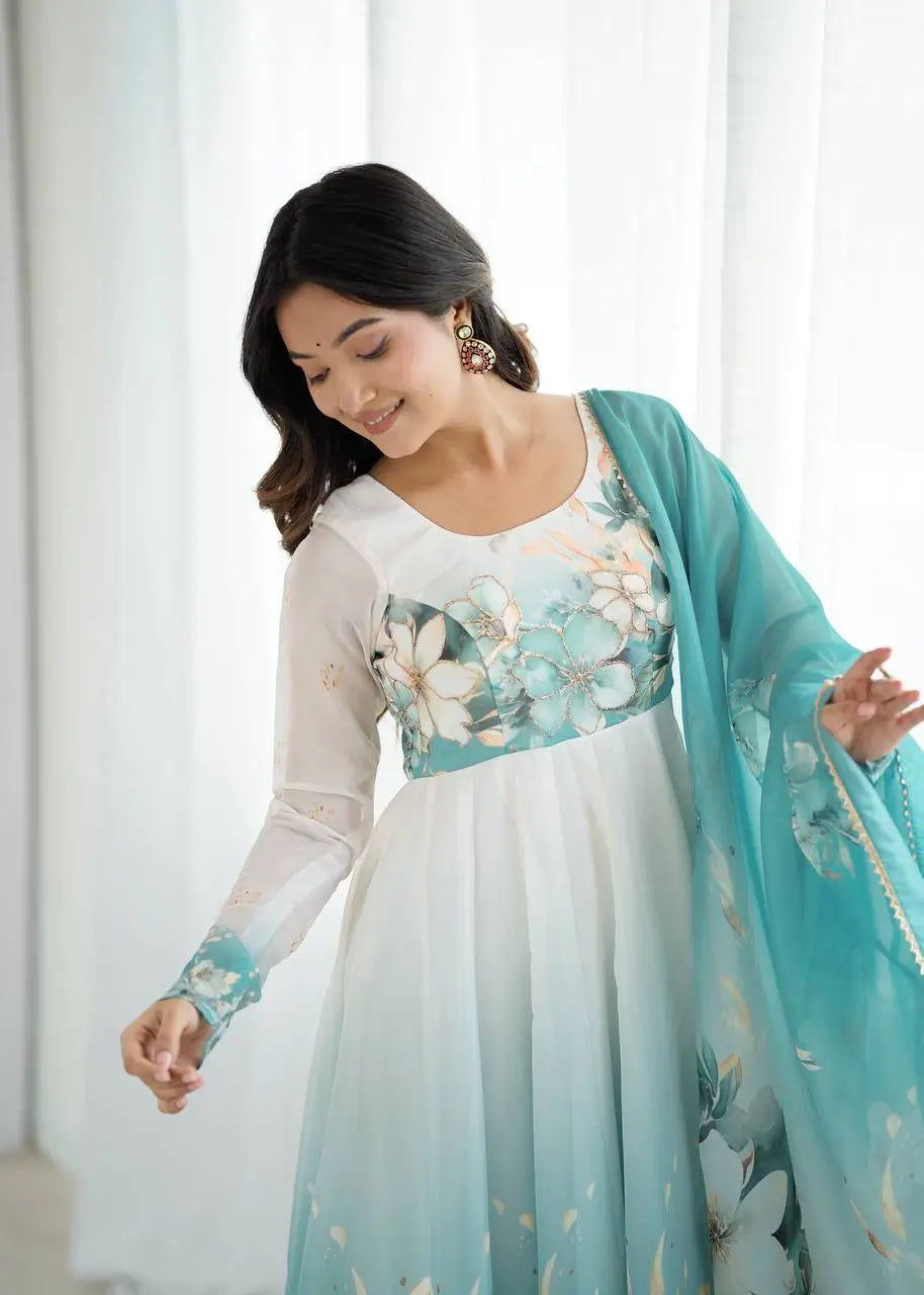 Premium Organza Silk Floral Anarkali Set with Badla Work and Dupatta