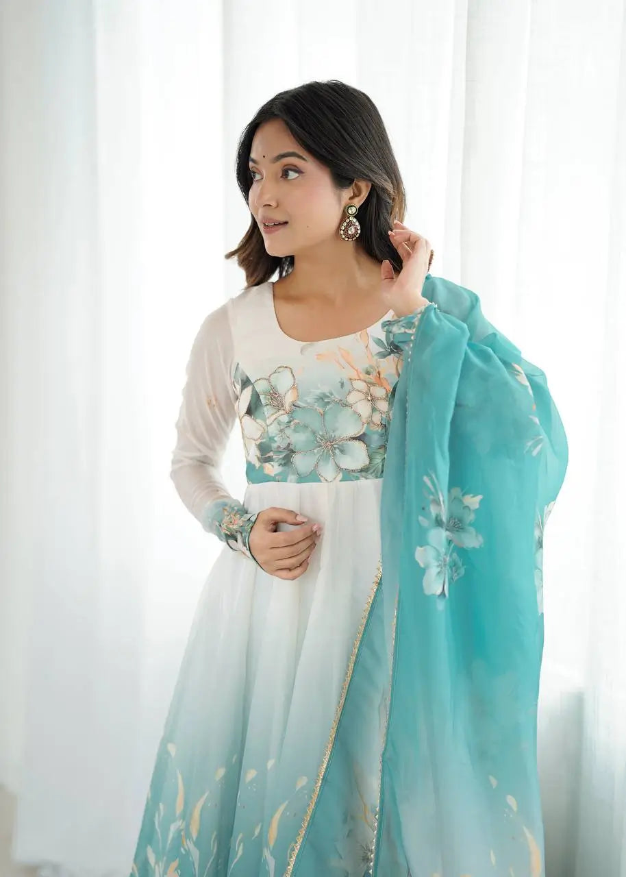 Premium Organza Silk Floral Anarkali Set with Badla Work and Dupatta