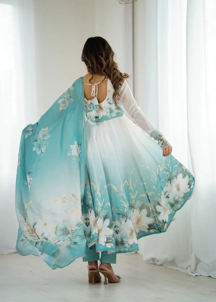 Premium Organza Silk Floral Anarkali Set with Badla Work and Dupatta