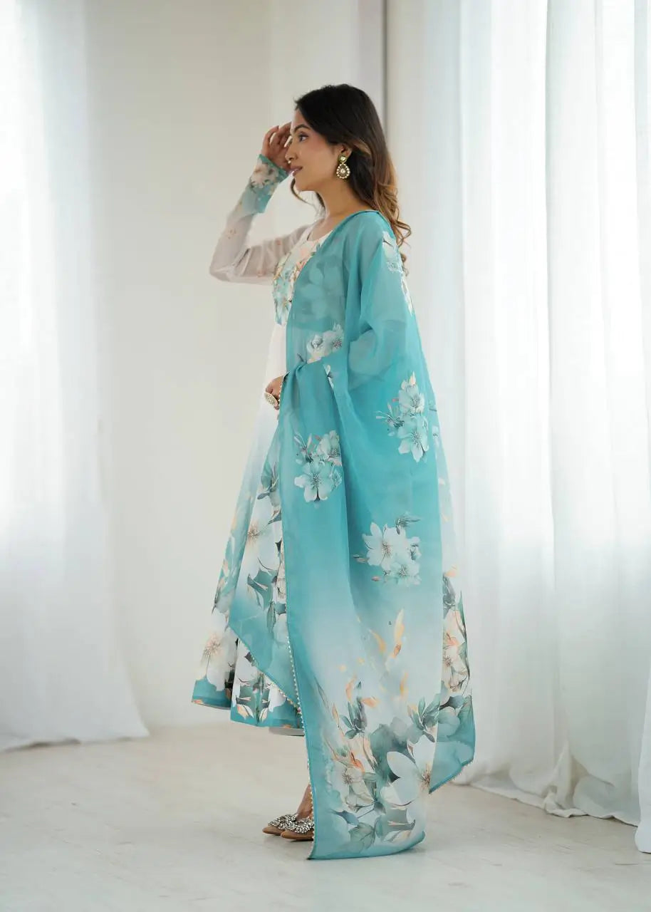 Premium Organza Silk Floral Anarkali Set with Badla Work and Dupatta