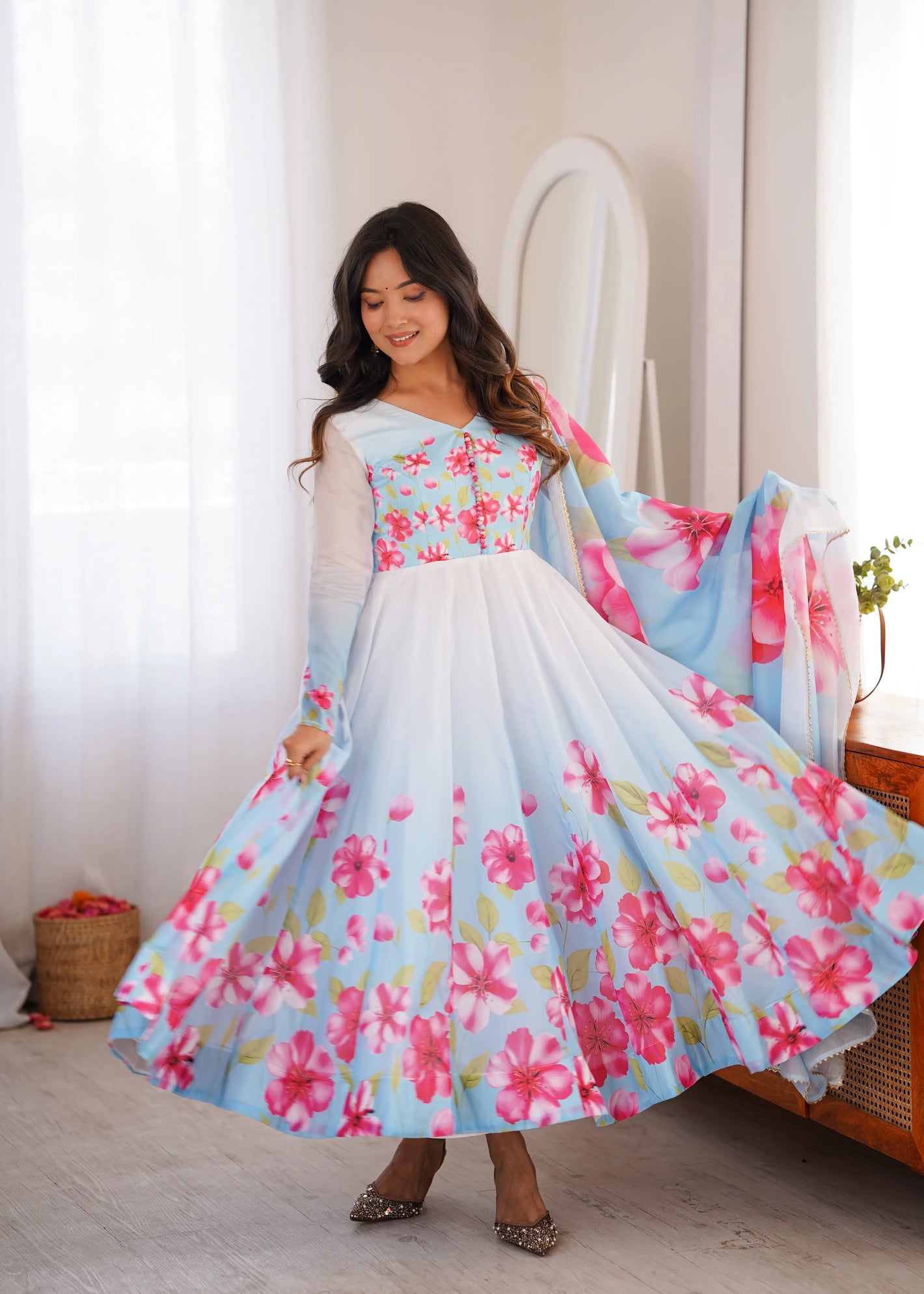 Premium Organza Silk Floral Anarkali Set with Badla Work and Dupatta