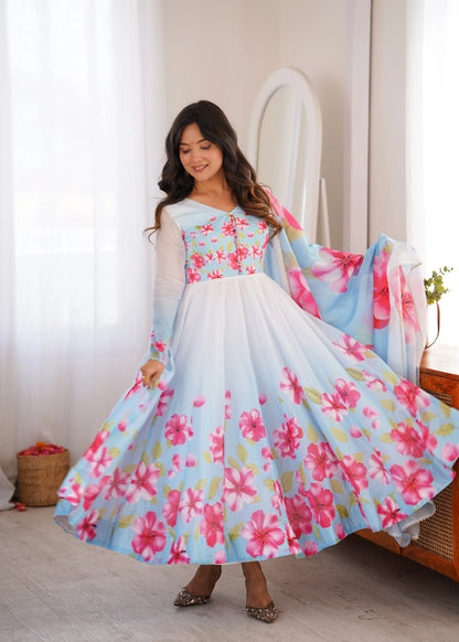 Premium Organza Silk Floral Anarkali Set with Badla Work and Dupatta