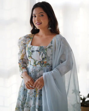 Premium Organza Silk Floral Print Anarkali Set with Dupatta