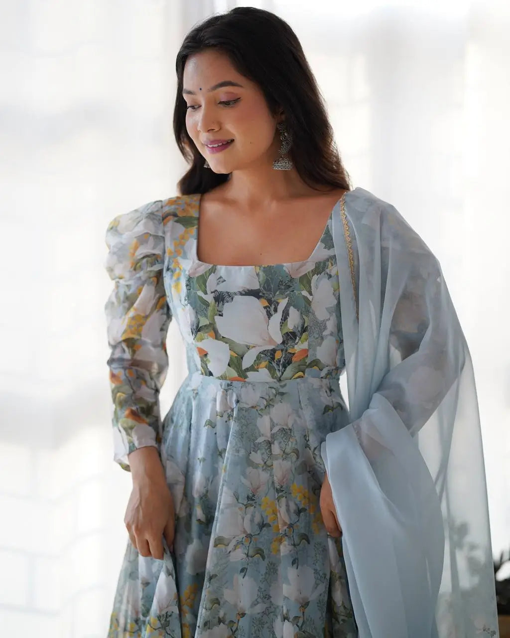 Premium Organza Silk Floral Print Anarkali Set with Dupatta