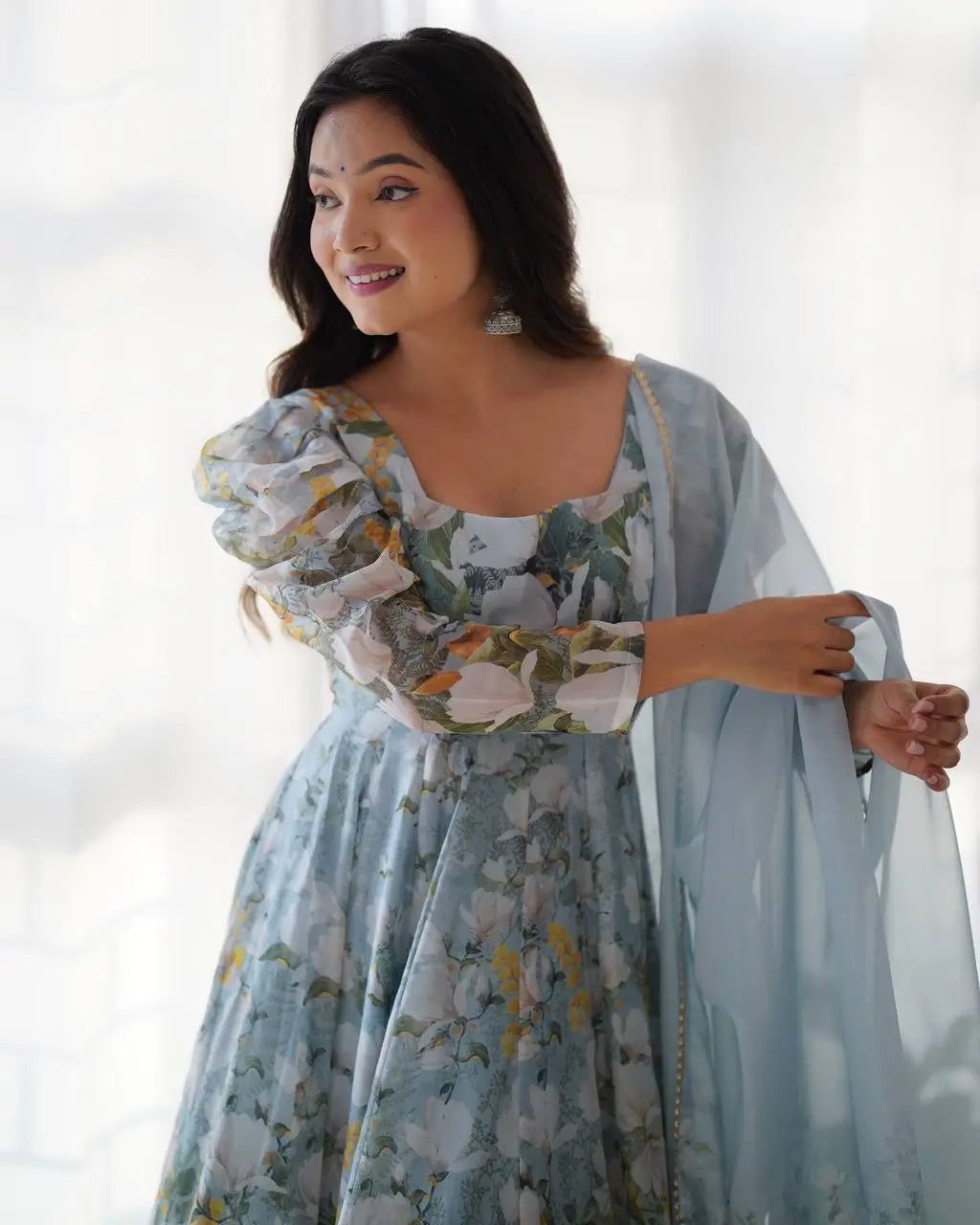 Premium Organza Silk Floral Print Anarkali Set with Dupatta