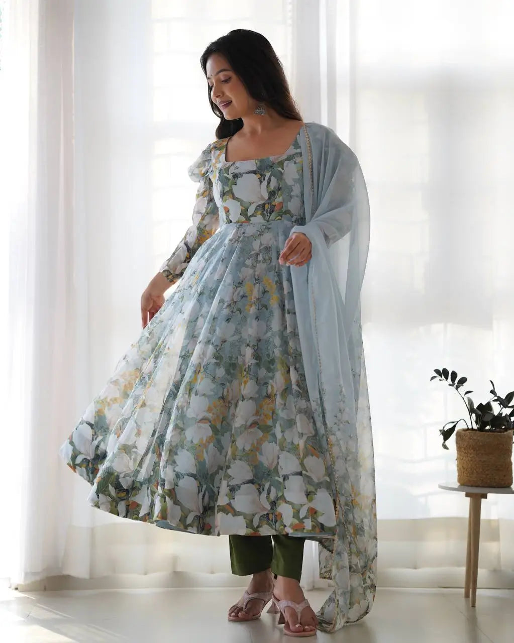 Premium Organza Silk Floral Print Anarkali Set with Dupatta