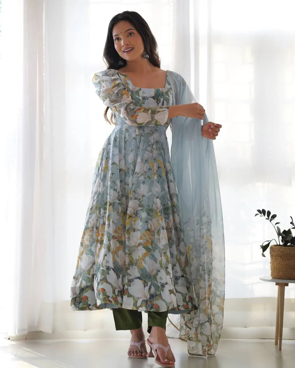 Premium Organza Silk Floral Print Anarkali Set with Dupatta