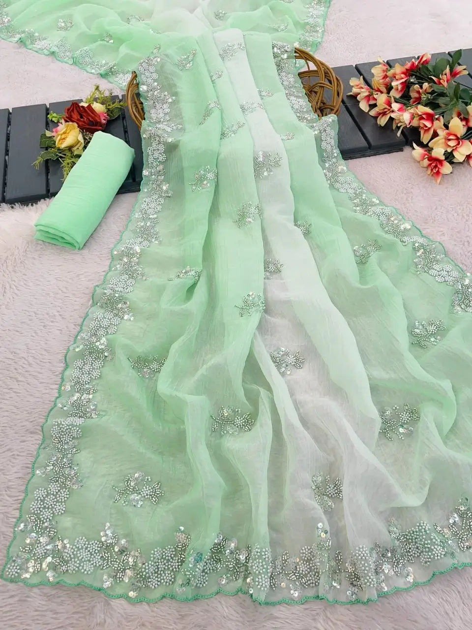 Premium Pixel Crush Cutdana Moti Sequins Saree