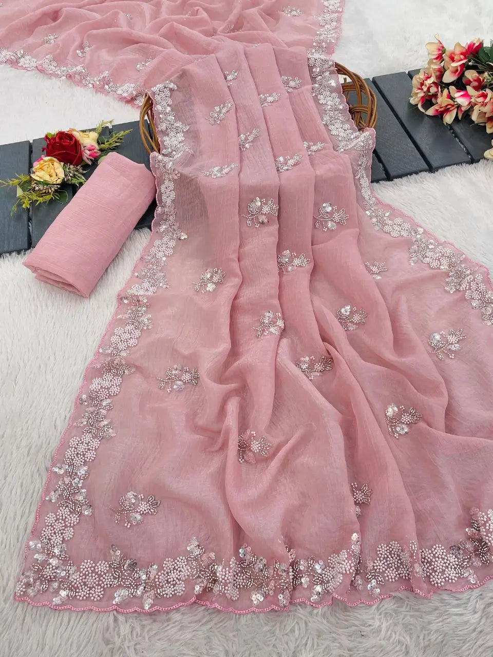 Premium Pixel Crush Cutdana Moti Sequins Saree