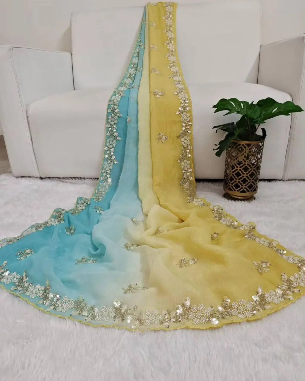 Premium Pixel Crush Saree with Cutdana and Moti Work