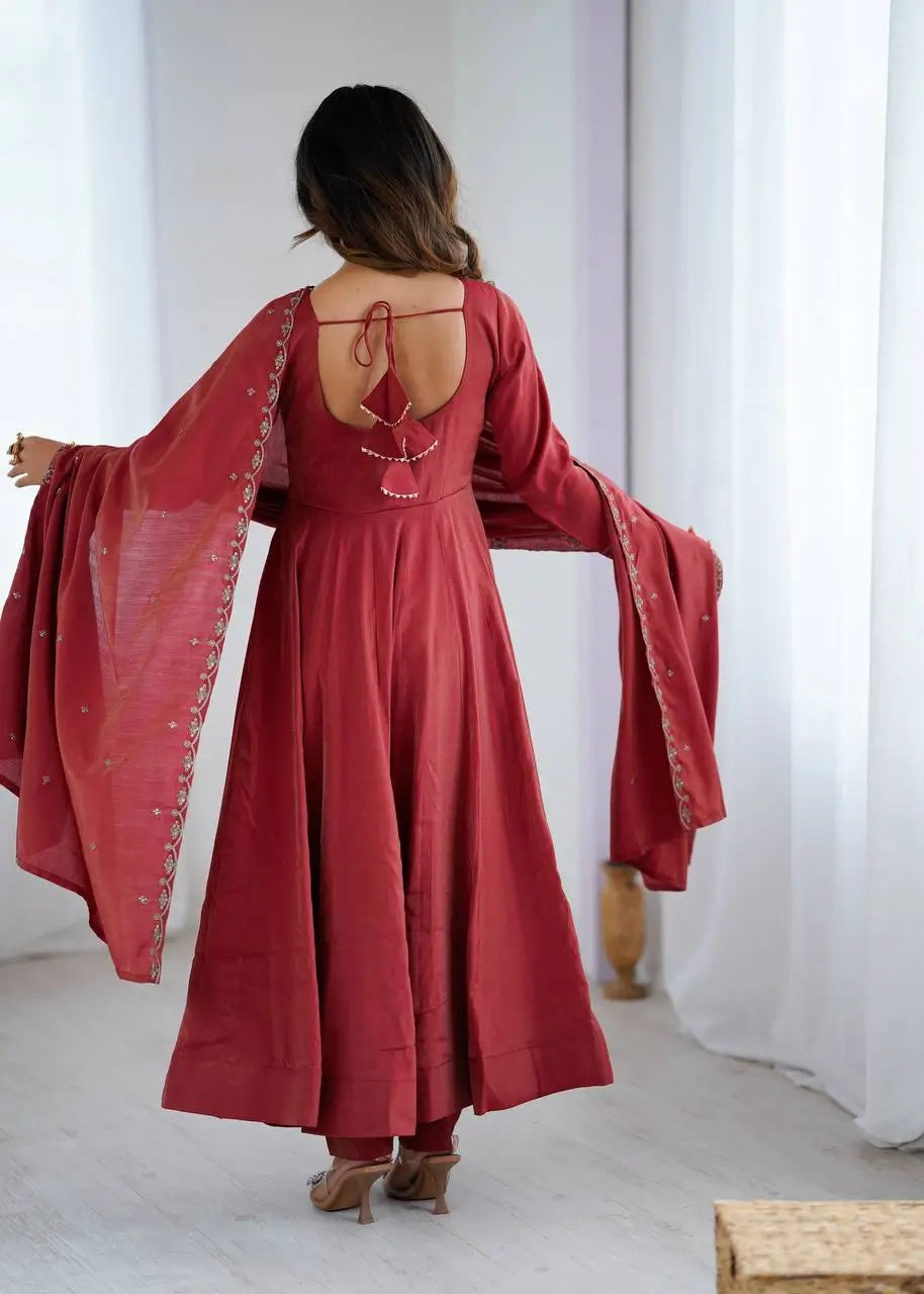 Premium Roman Shimmer Chanderi Silk Handwork Anarkali Set with Dupatta