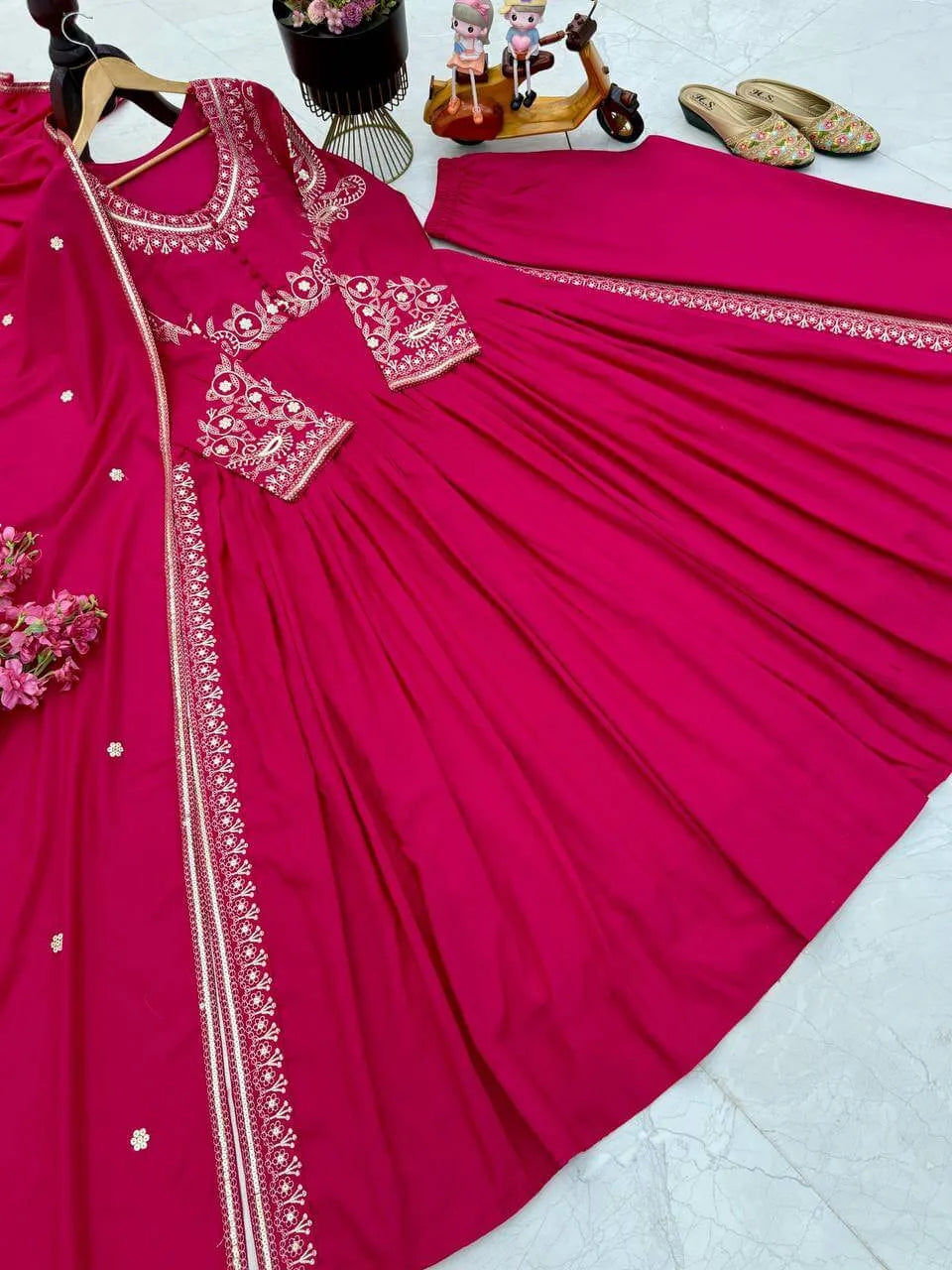 Premium Roman Silk Anarkali with Palazzo & Dupatta
