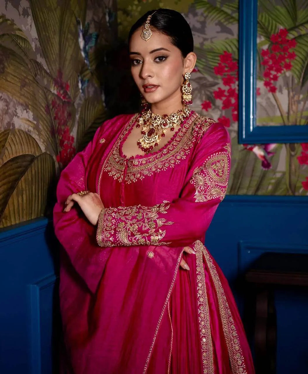 Premium Roman Silk Anarkali with Palazzo & Dupatta