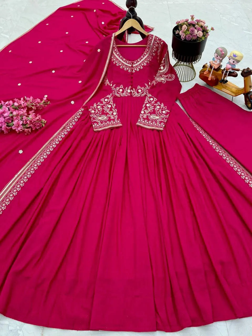 Premium Roman Silk Anarkali with Palazzo & Dupatta