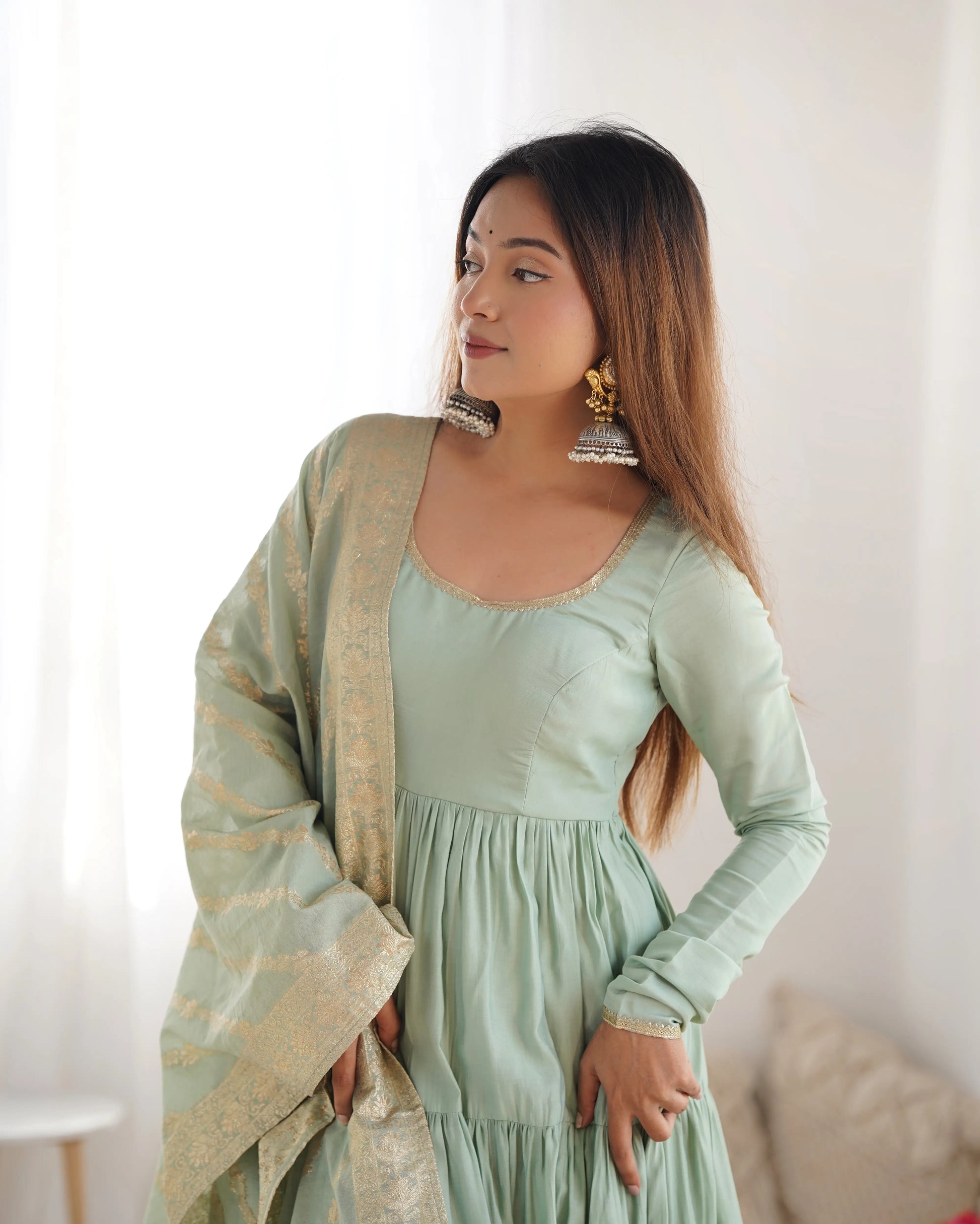 Premium Roman Silk Chanderi Anarkali Set with Banarasi Dupatta