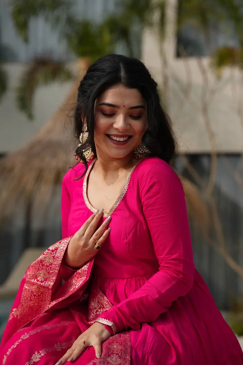 Premium Roman Silk Chanderi Anarkali Set with Banarasi Dupatta