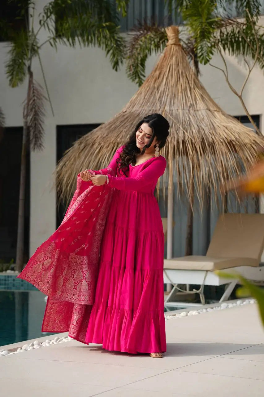 Premium Roman Silk Chanderi Anarkali Set with Banarasi Dupatta