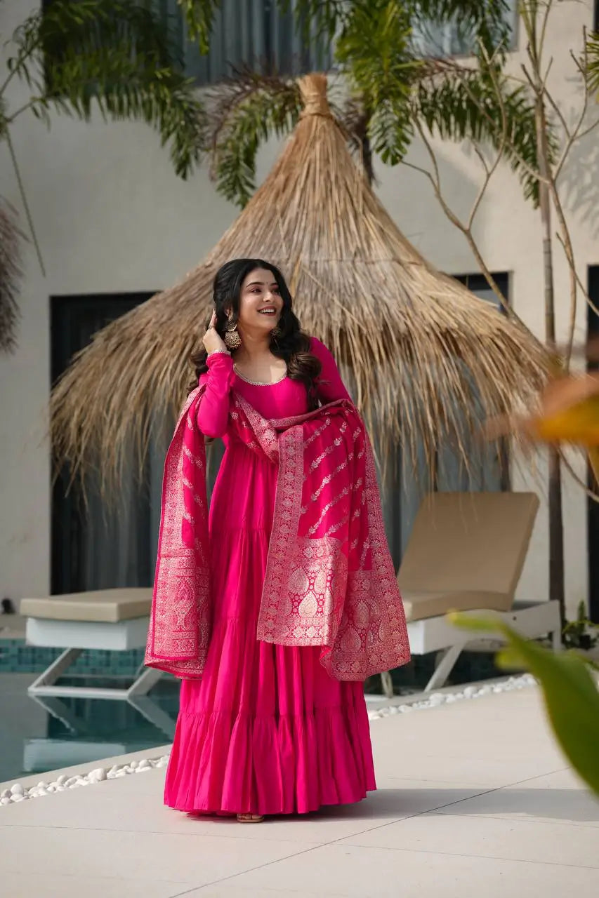 Premium Roman Silk Chanderi Anarkali Set with Banarasi Dupatta