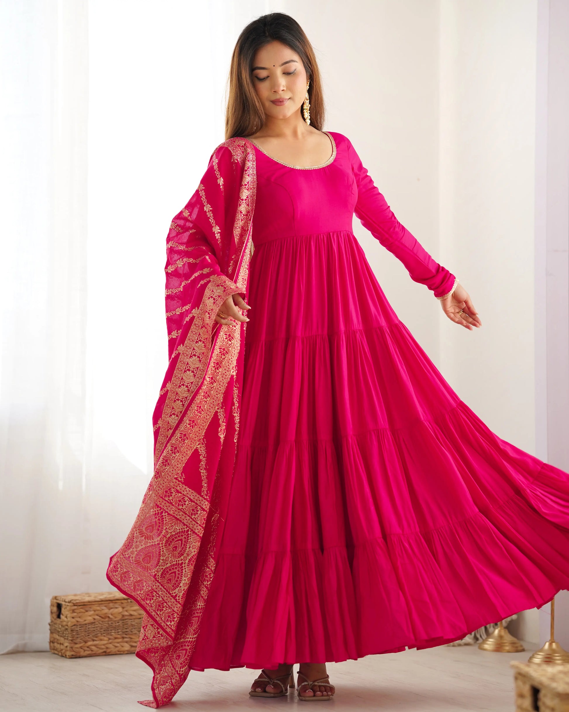 Premium Roman Silk Chanderi Anarkali Set with Banarasi Dupatta