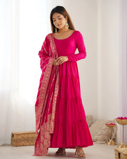 Premium Roman Silk Chanderi Anarkali Set with Banarasi Dupatta