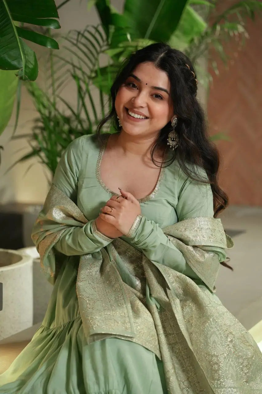 Premium Roman Silk Chanderi Anarkali Set with Banarasi Dupatta