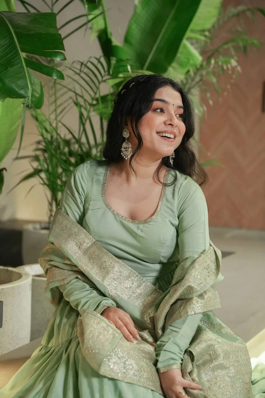 Premium Roman Silk Chanderi Anarkali Set with Banarasi Dupatta