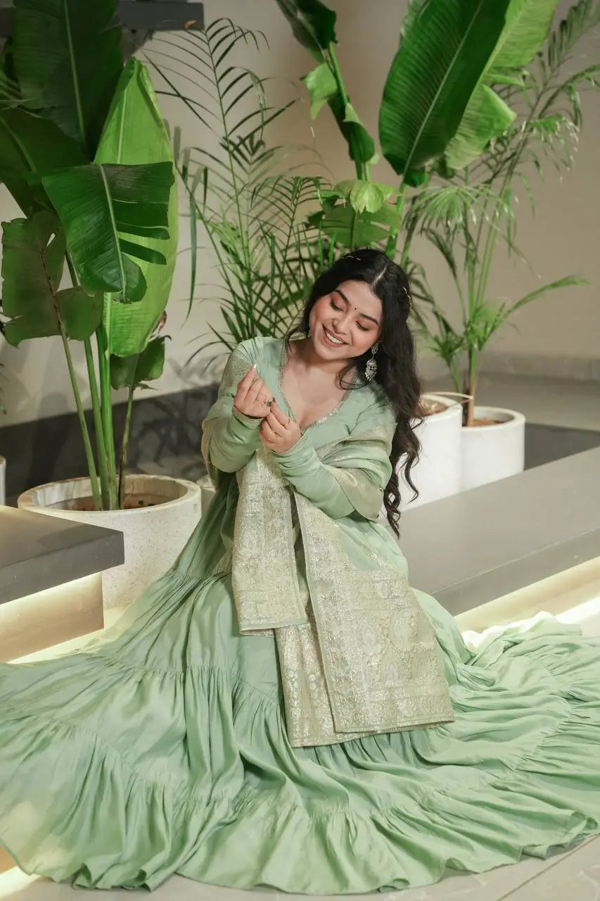 Premium Roman Silk Chanderi Anarkali Set with Banarasi Dupatta