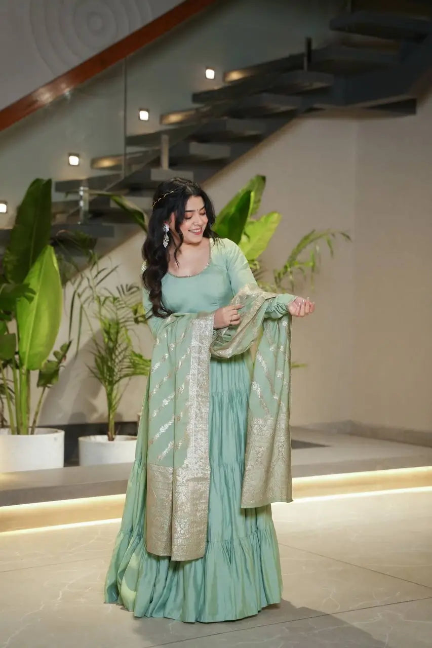 Premium Roman Silk Chanderi Anarkali Set with Banarasi Dupatta