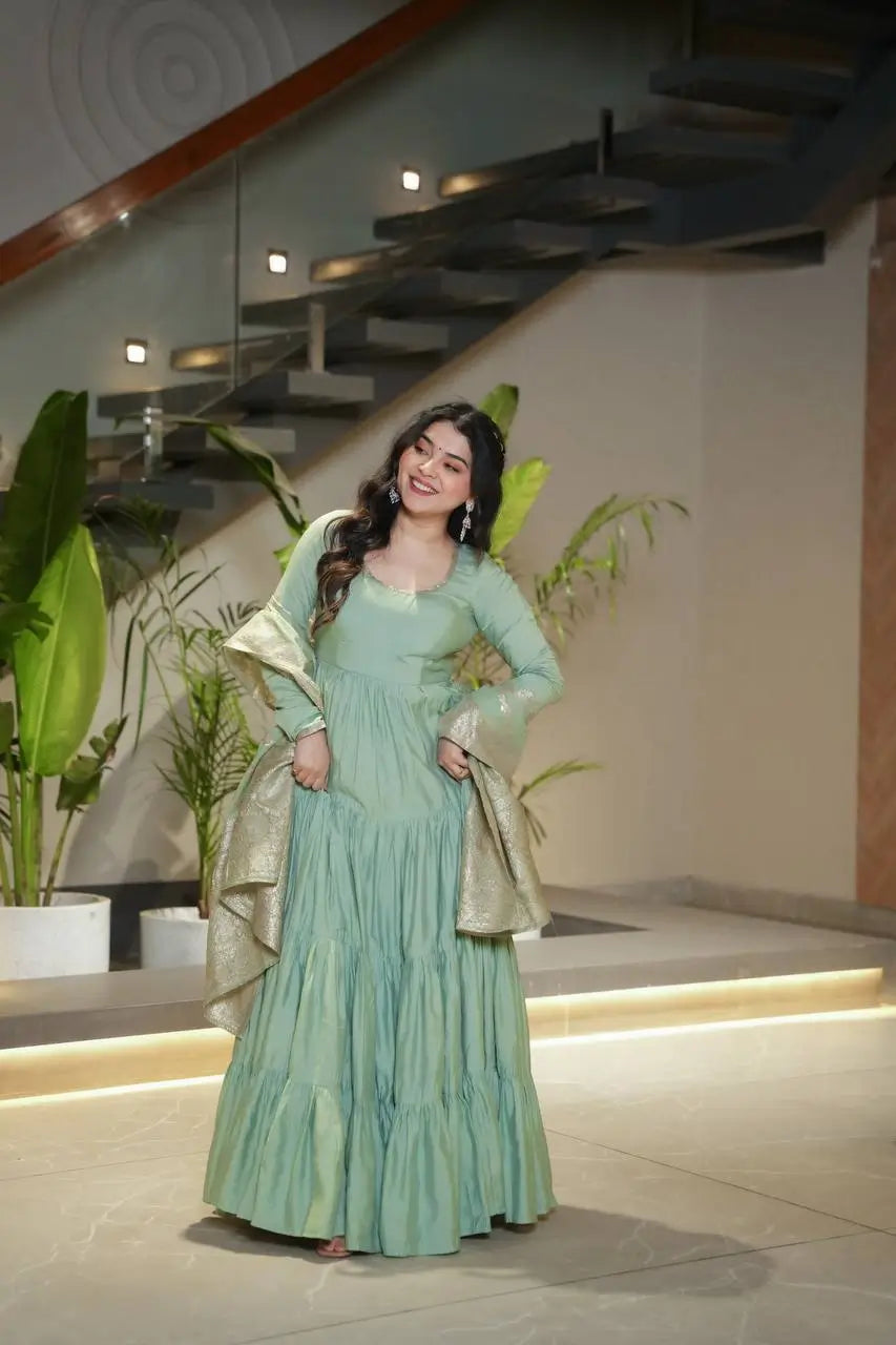 Premium Roman Silk Chanderi Anarkali Set with Banarasi Dupatta