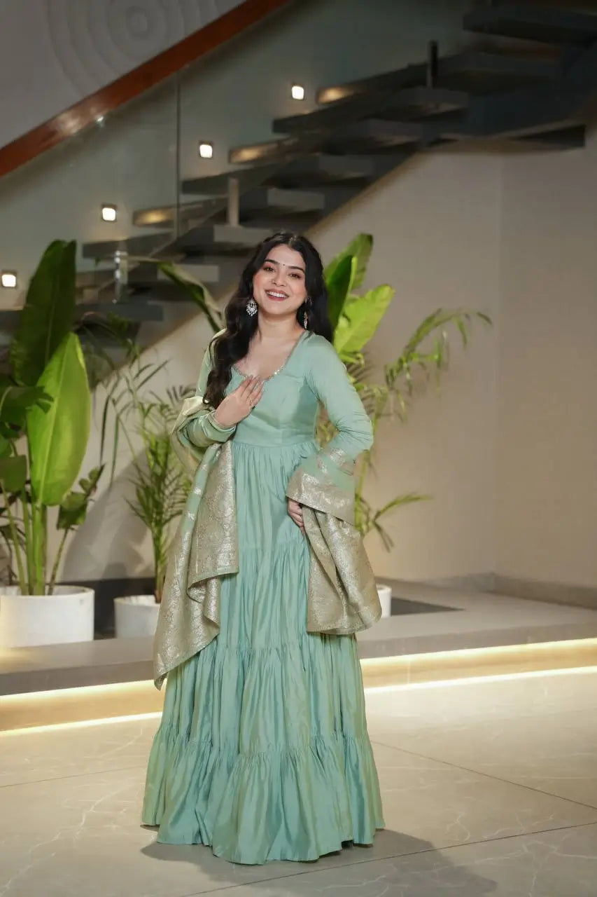 Premium Roman Silk Chanderi Anarkali Set with Banarasi Dupatta