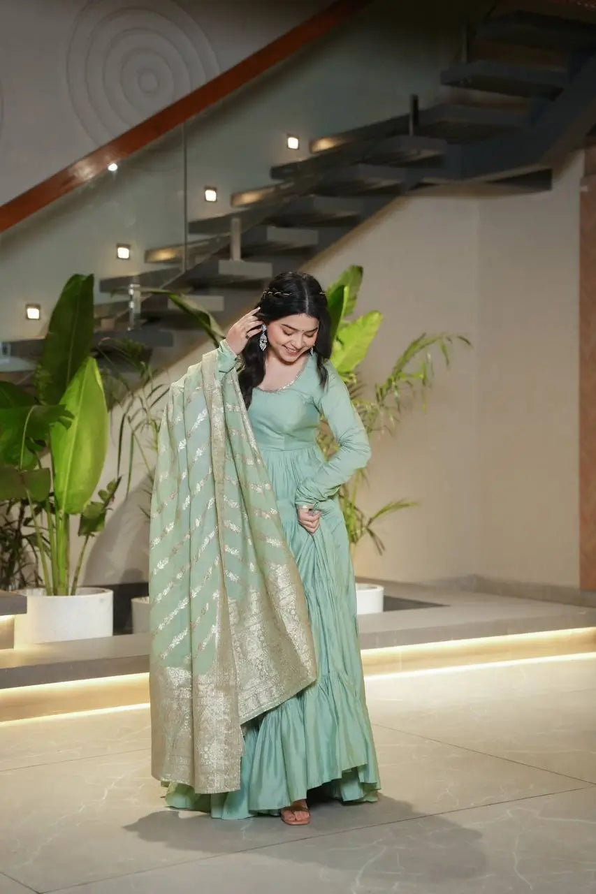 Premium Roman Silk Chanderi Anarkali Set with Banarasi Dupatta