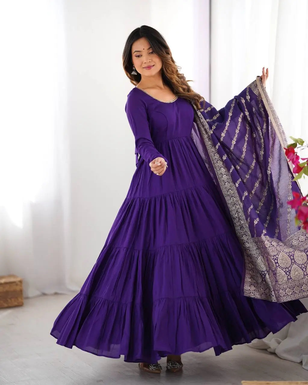 Premium Roman Silk Chanderi Anarkali Set with Banarasi Dupatta