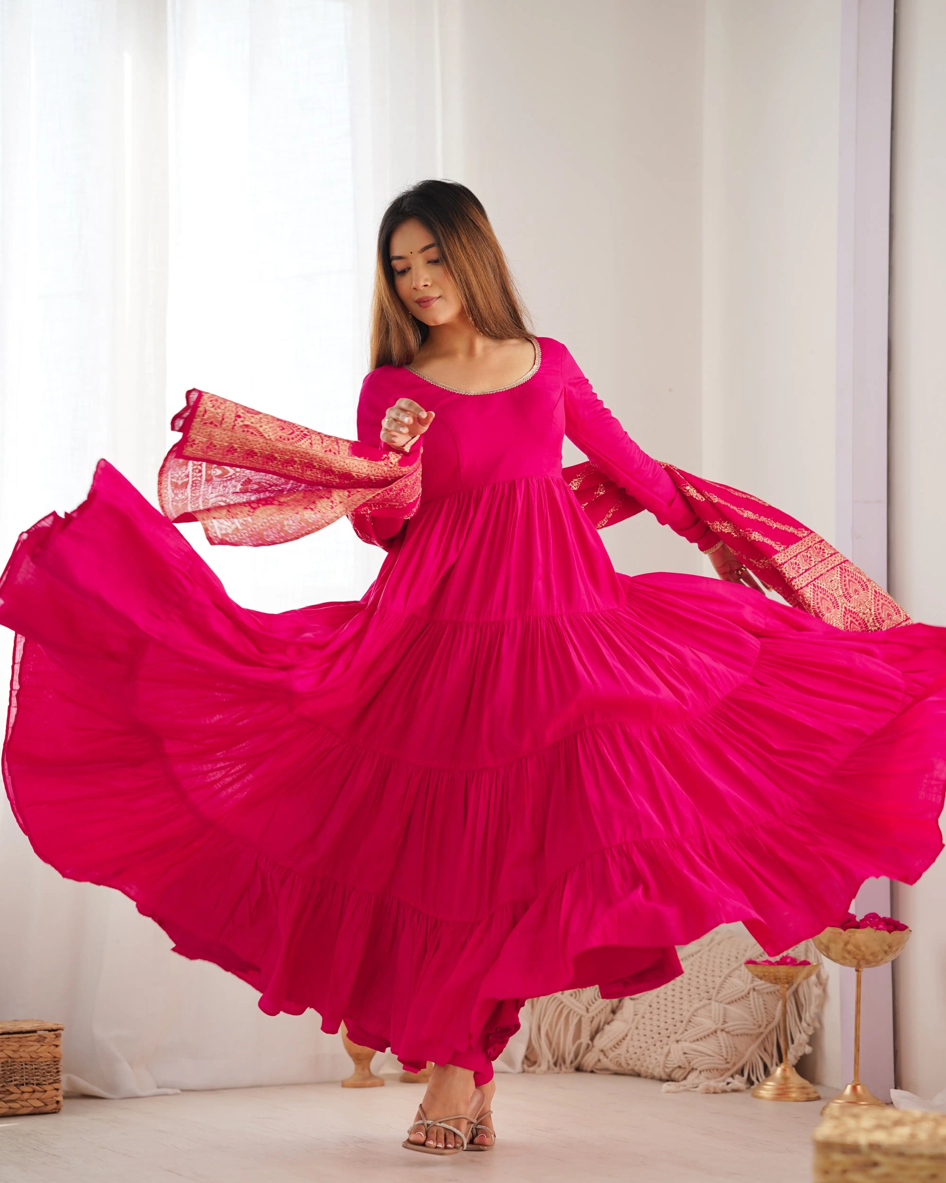 Premium Roman Silk Chanderi Anarkali Set with Banarasi Dupatta