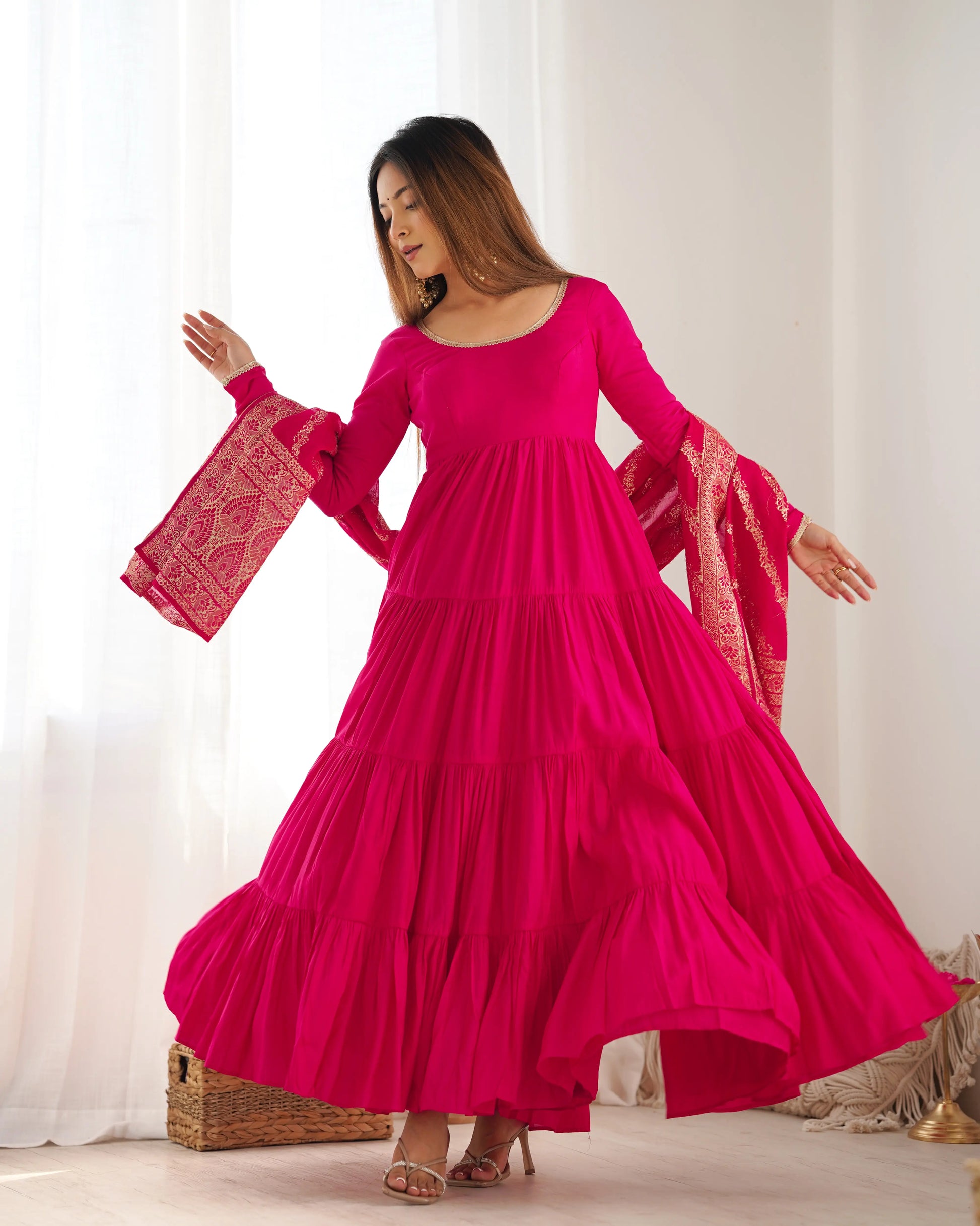 Premium Roman Silk Chanderi Anarkali Set with Banarasi Dupatta