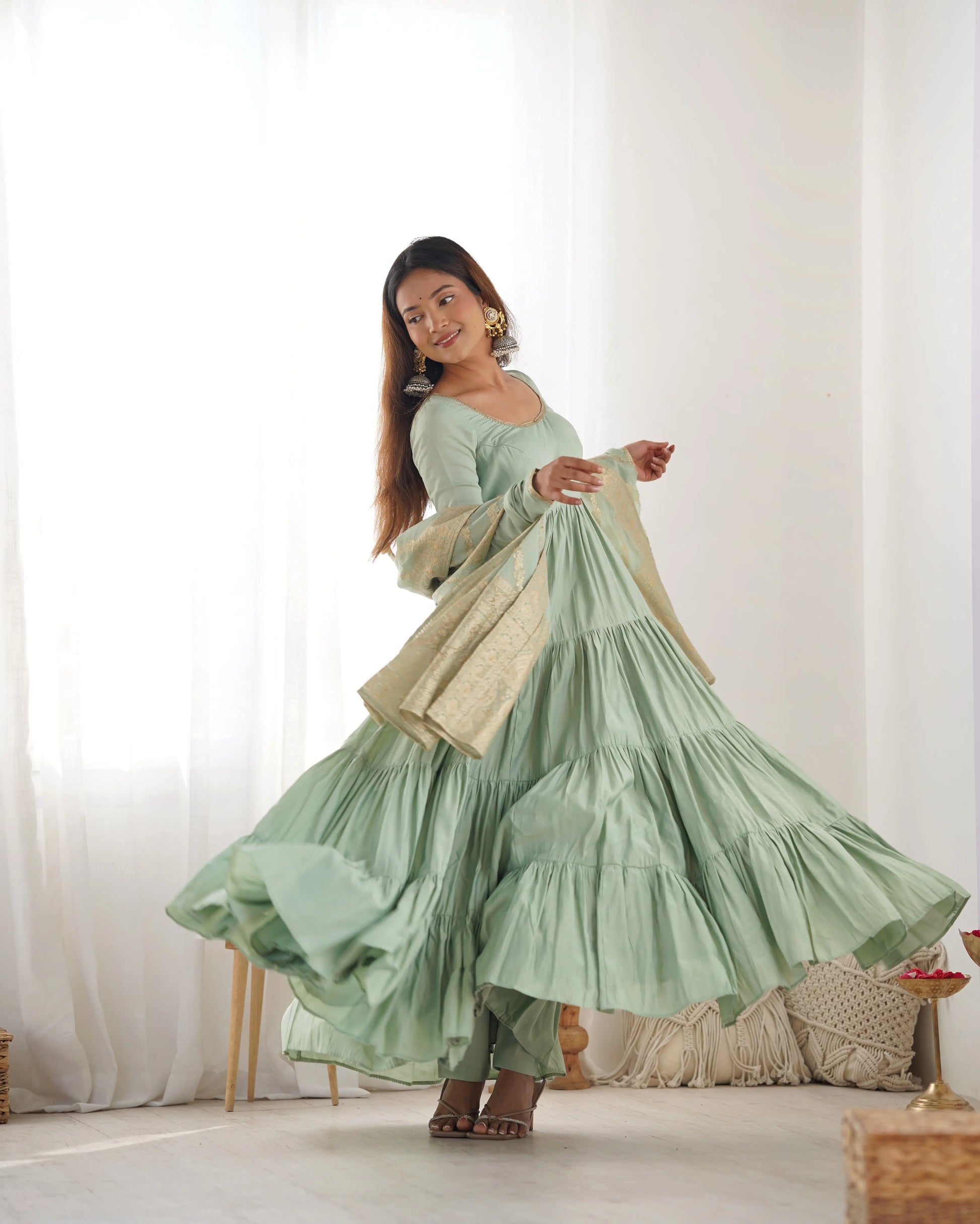 Premium Roman Silk Chanderi Anarkali Set with Banarasi Dupatta