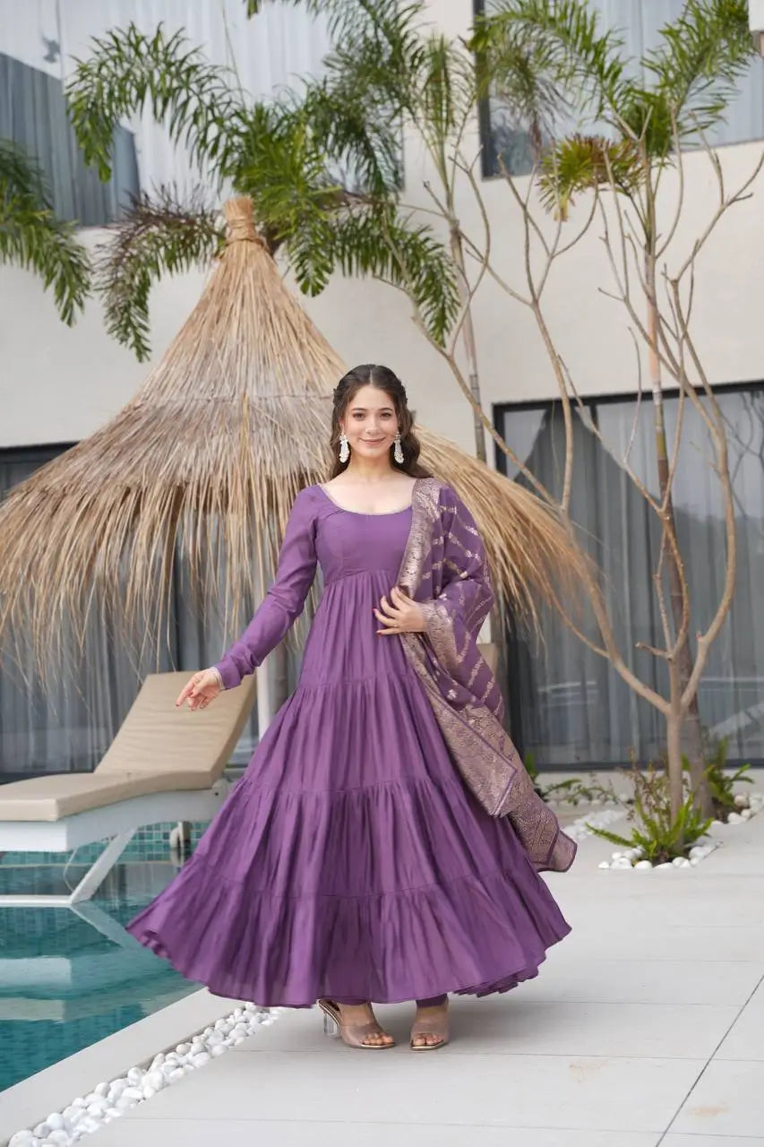 Premium Roman Silk Chanderi Anarkali Set with Banarasi Dupatta