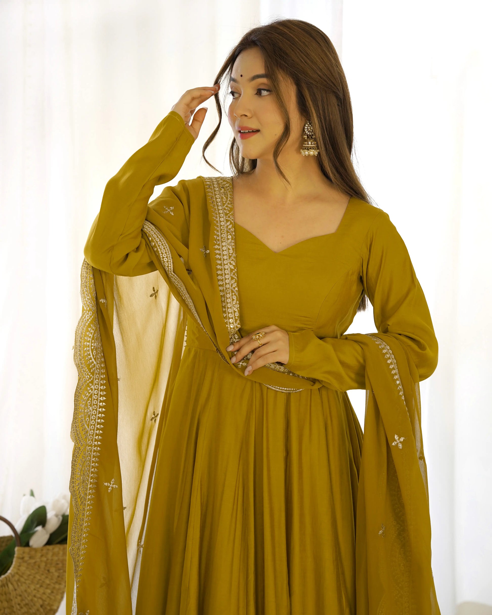 Premium Roman Silk Chanderi Anarkali Set with Embroidered Dupatta