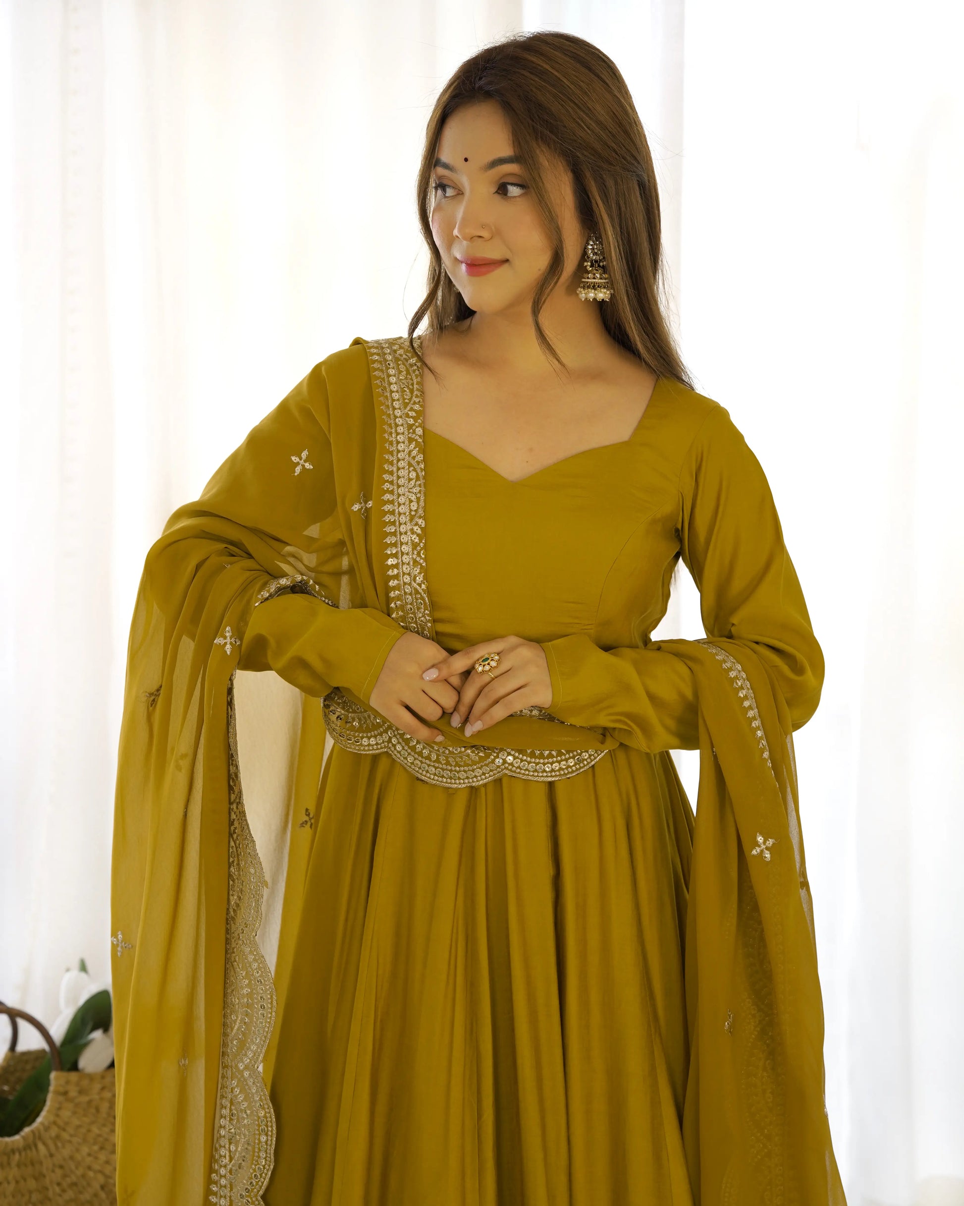 Premium Roman Silk Chanderi Anarkali Set with Embroidered Dupatta