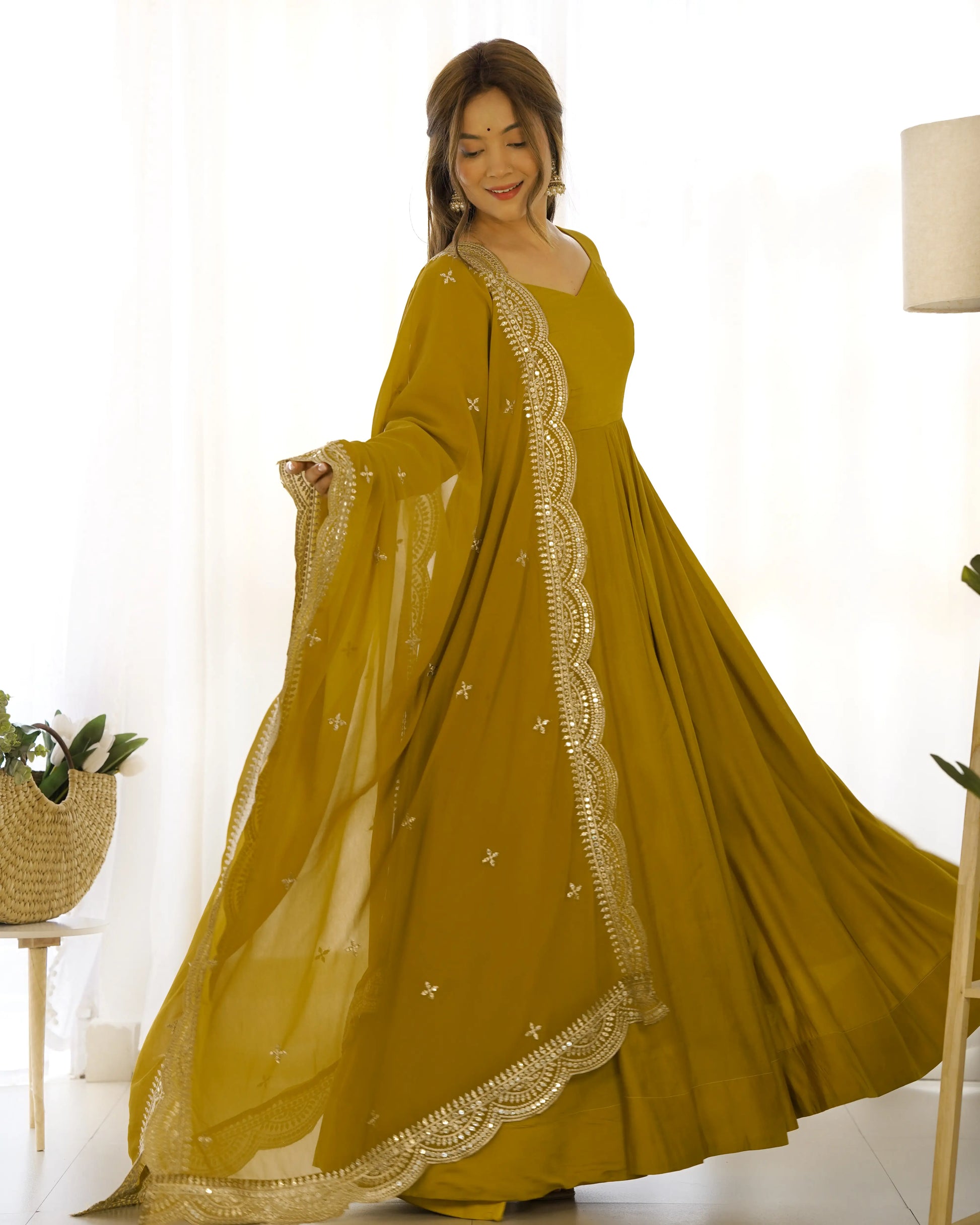 Premium Roman Silk Chanderi Anarkali Set with Embroidered Dupatta