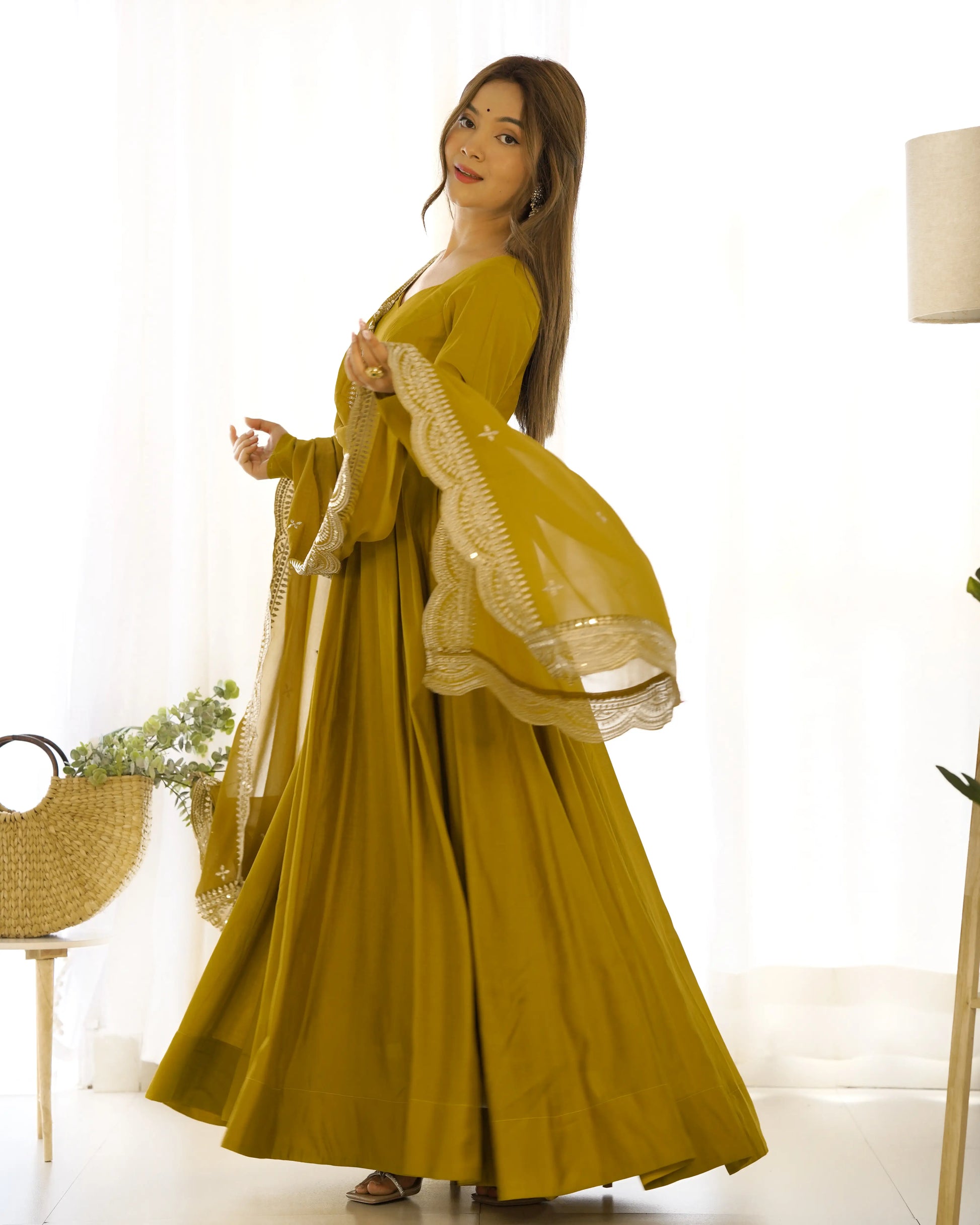 Premium Roman Silk Chanderi Anarkali Set with Embroidered Dupatta
